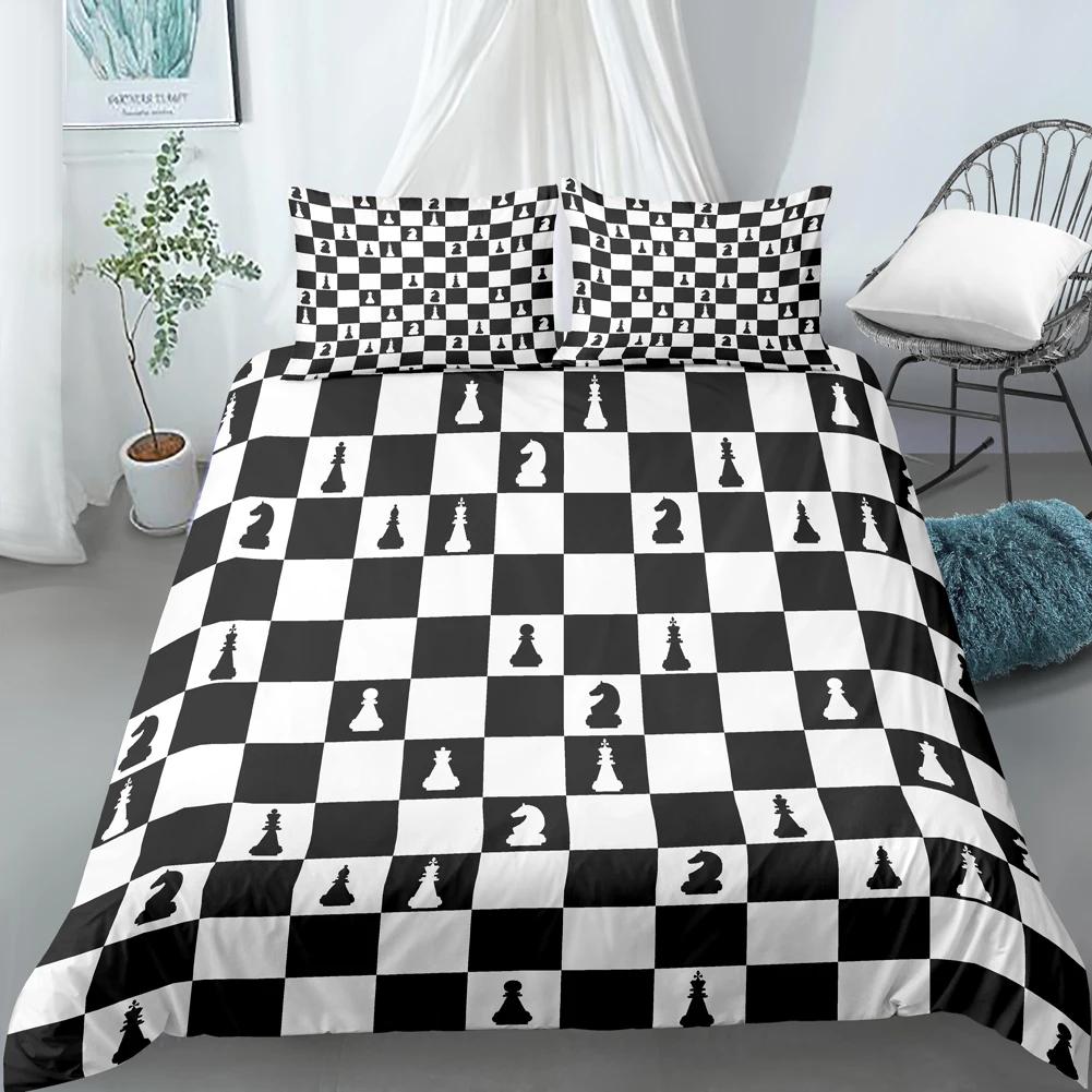 Chess Board Duvet Cover Set 3D Print International Chess Black White Comforter Cover For Boys Girls Polyester Bedding Set