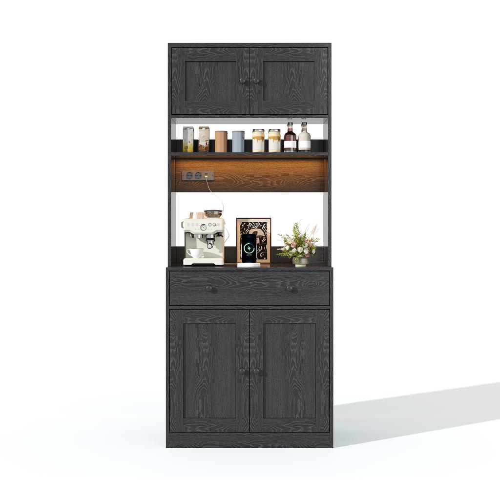 180 Cm Kitchen Cabinet, Tall Cabinet with LED, Kitchen Shelf with Socket, Spice Rack and Large Drawer for Kitchen, Dining Room & Living Room