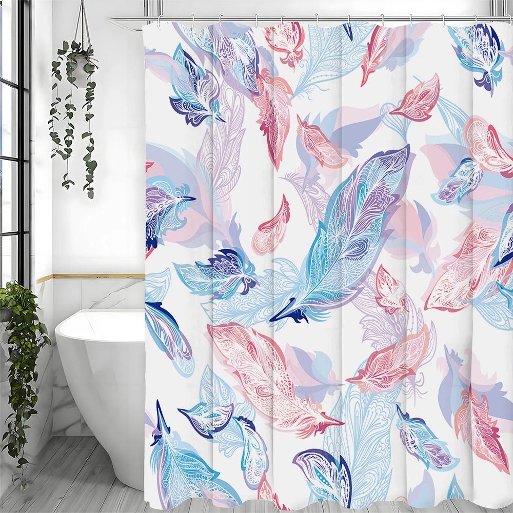 Colorful Feather Shower Curtain, Bathroom Decorative Shower Curtain, Waterproof Shower Curtain with Hooks