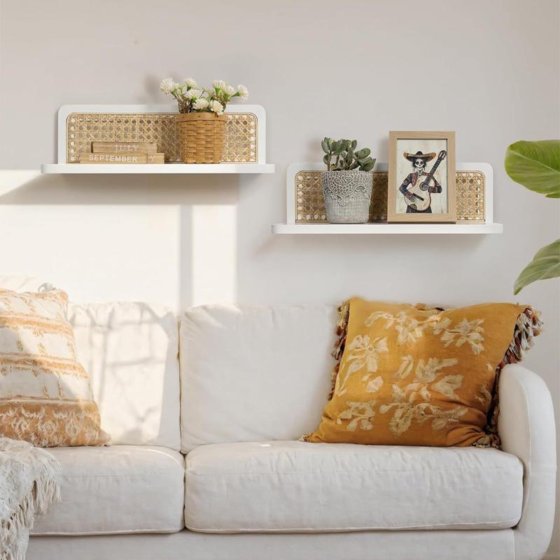 1Pc Wall Decoration Art Decoration Wooden Shelf Bohemian Style Display Rack Natural Rattan Rattan Storage Rack Wall Mounted