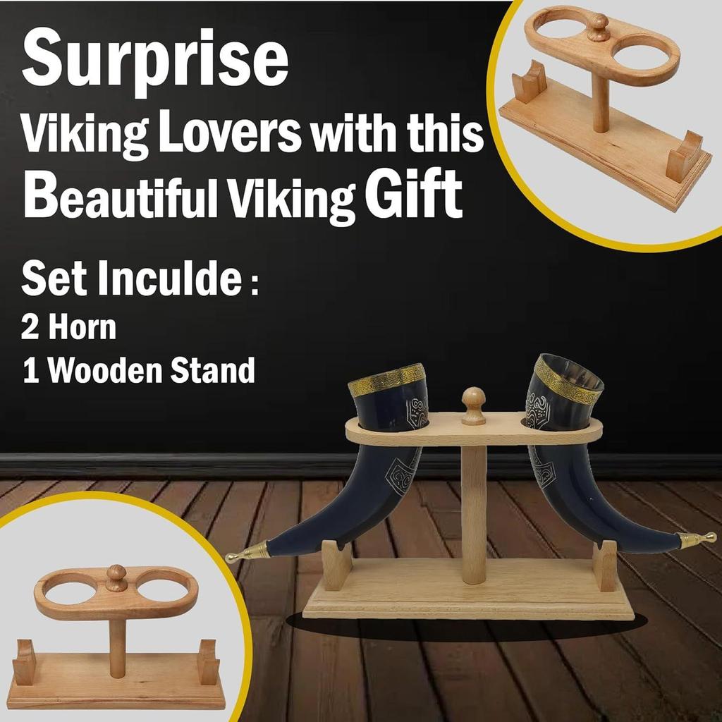 Wikinger Trinkbecher Handgefertigt Natur Ochsenhorn Becher für Ale, Bier, Met, Wein | 12 Zoll | 100% Auslaufsicher | mit Schönem Holzständer (2er Set)