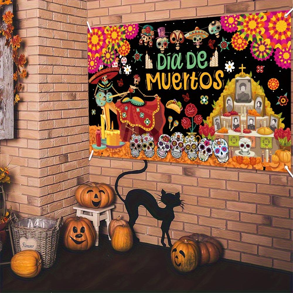 1PCS Day of the Dead Banner - Mexican Day of the Dead Polyester Hanging Decoration with Skull Marigold and Skull Patterns