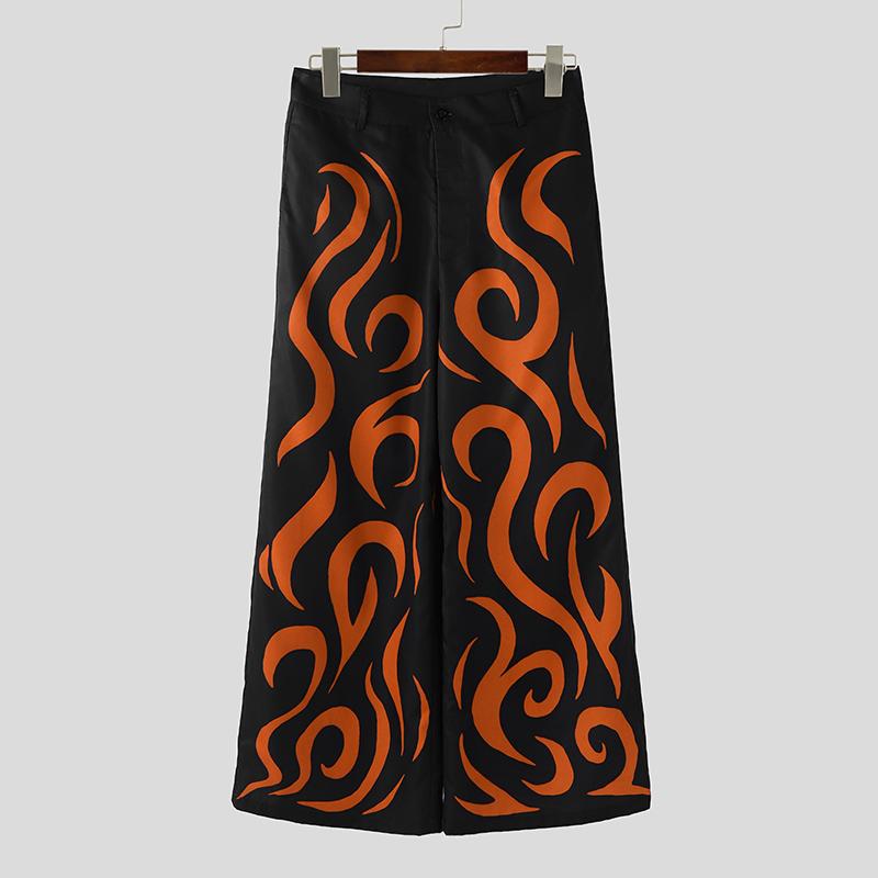 INCERUN Men Pants Casual Print Zipper Up Waist Wide Legs Long Trousers Pants