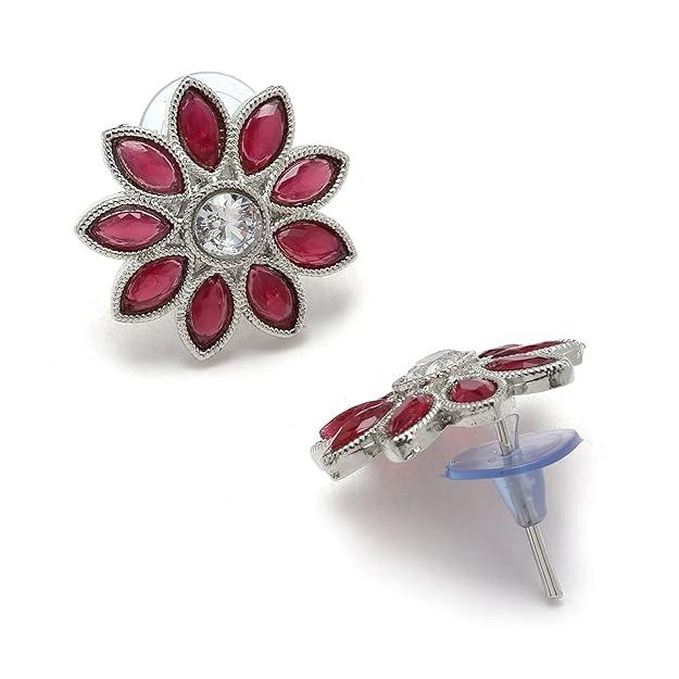 Oxidised Silver-Plated Flower & Leaf American Diamond Studded Necklace Earrings Jewellery Set for Girls and Women