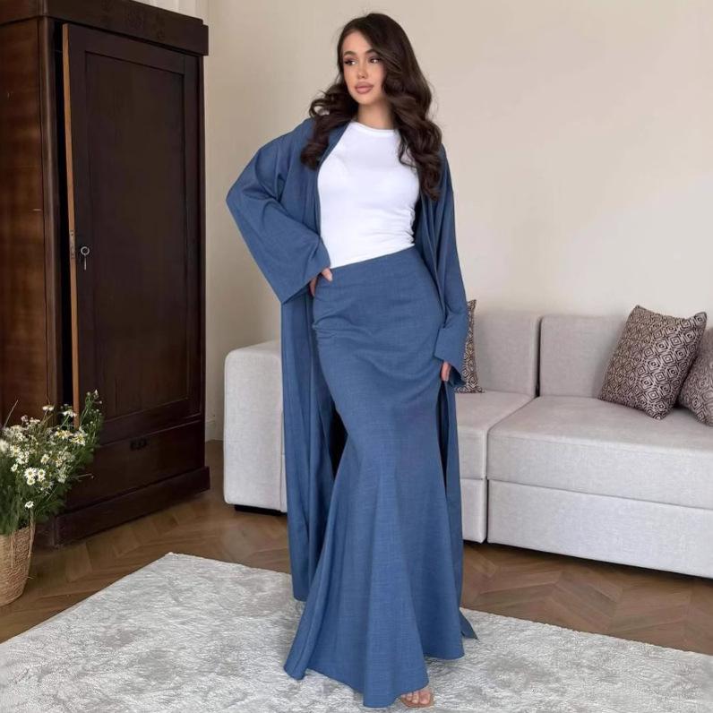 Herbst 2025 Europäisches & Amerikanisches Lockeres Qi-Robe-Mantel-Set mit Hüftumschlag-Midiröck für Damen