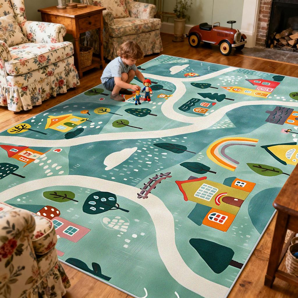 Children Amusement Park Living Room Carpet Thickened Short Velvet Cartoon Road Large Rugs Decor Bedroom Baby Crawling Mat Floor