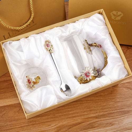 Emaliowany Kolorowy Kubek do Herbaty z Kwiatami Domowy Kubek do Wody Salonowy Kubek do Kawy Kryształowy Szklany Kubek do Herbaty z Pokrywką i Łyżeczką Naczynie do Napojów z Uchwytem