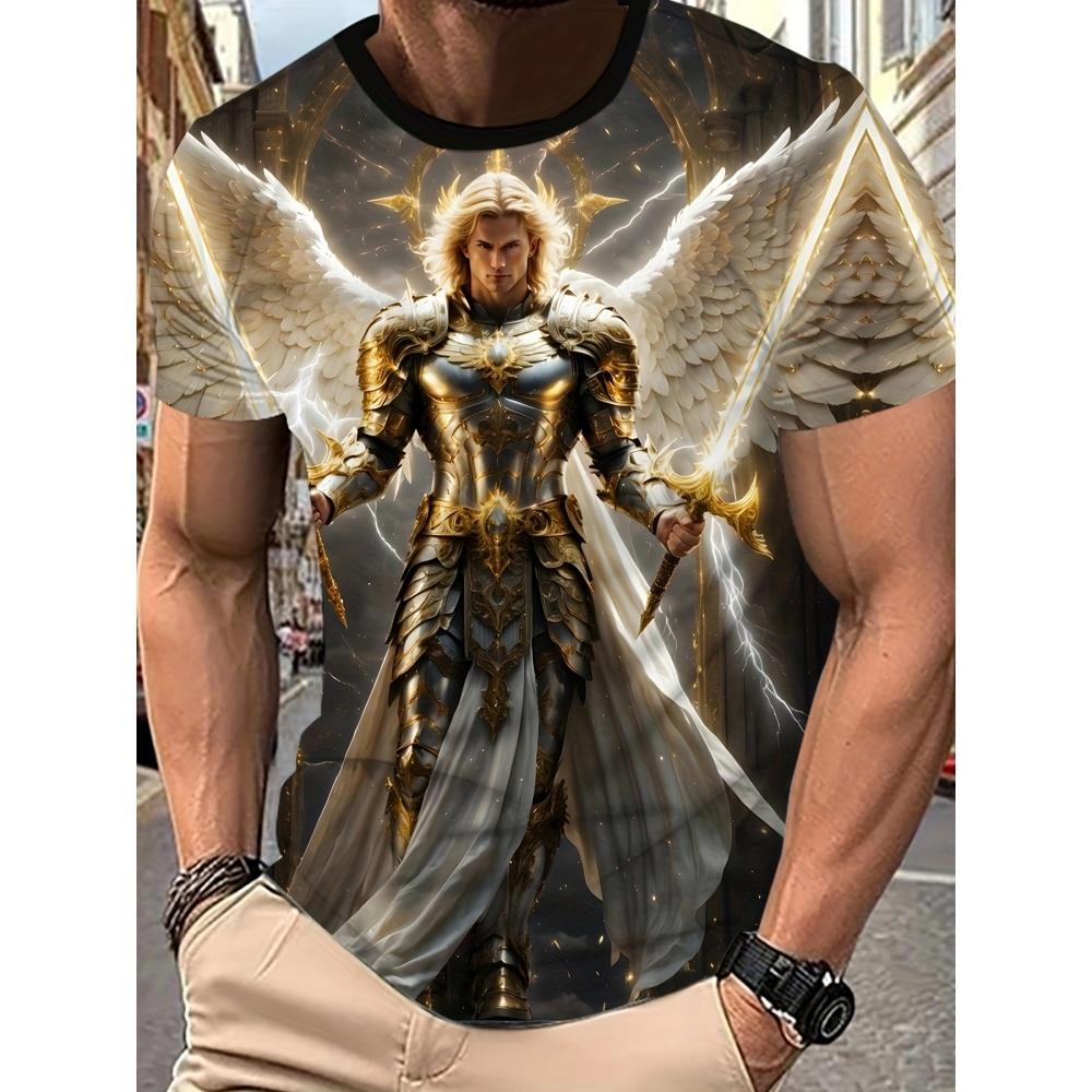 Men s 3D Angel Warrior and Golden Knight Print T-Shirt Short Sleeve Casual Oversized Breathable Gym Tee Simple Fashion Outdoor S