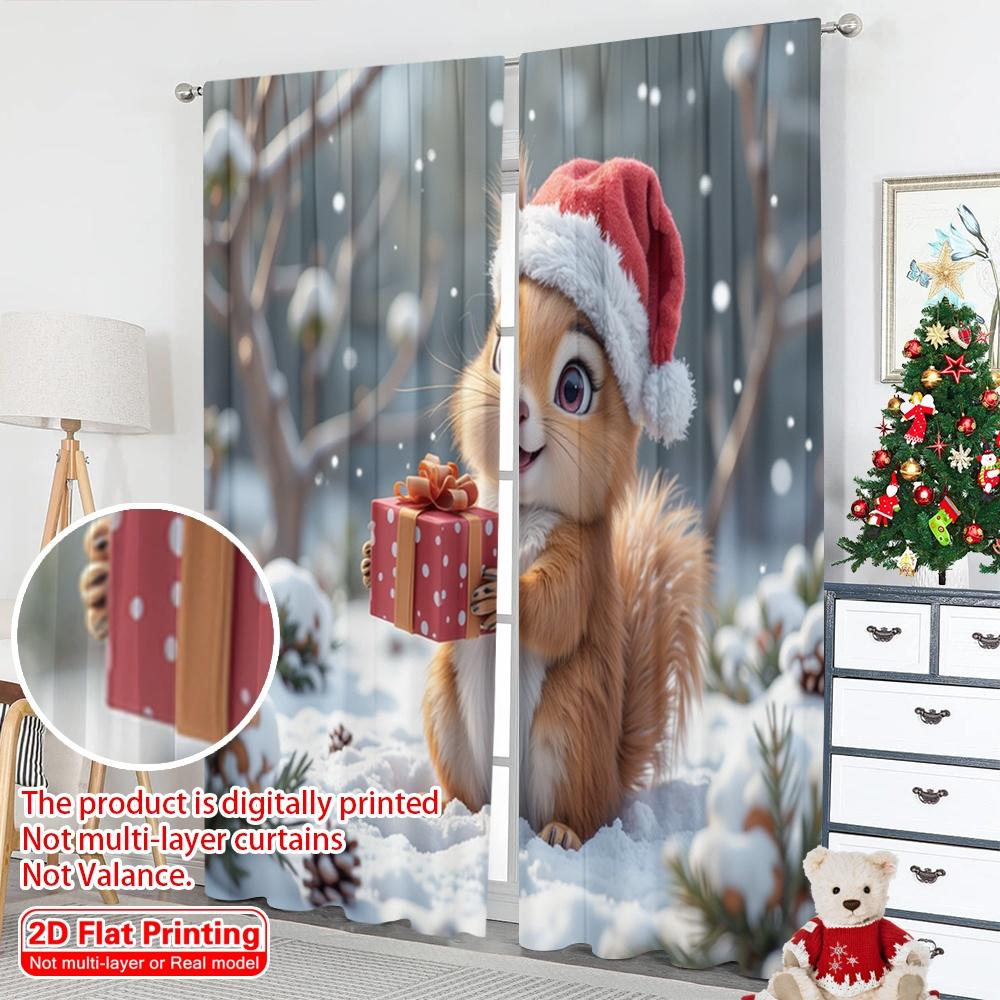 2pcs 2D flat printing Merry Christmas Popular Drapes Cute Squirrel Christmas Gift Fabric Without Electricity Festive Wall Decor