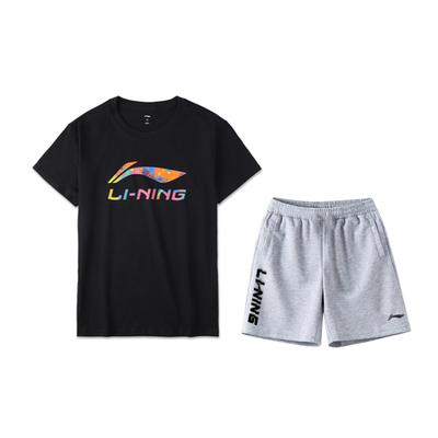 Li Ning Sportmode Serie Logo Buchstaben Pullover Kurzarm T-Shirt Mittelhohe Taille Fünf-Punkt-Shorts Lässiges Sportset Unisex Set AHSU835-1+AKSU747-2