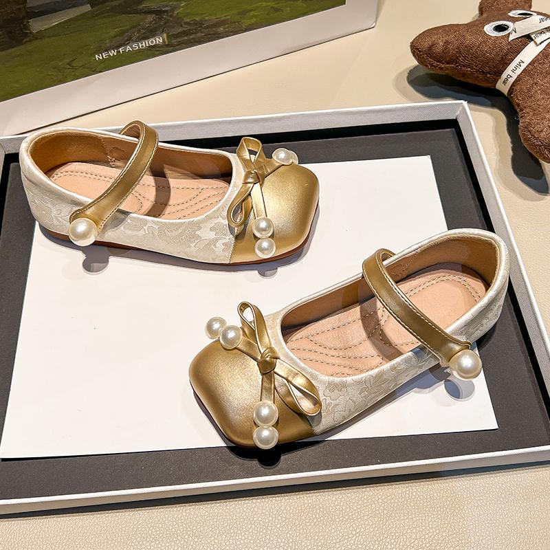 Kids Leather Shoes for Girls New Autumn Toddler Ballet Flats Floral Print Non-slip Retro Princess Girls Party Daily Wear
