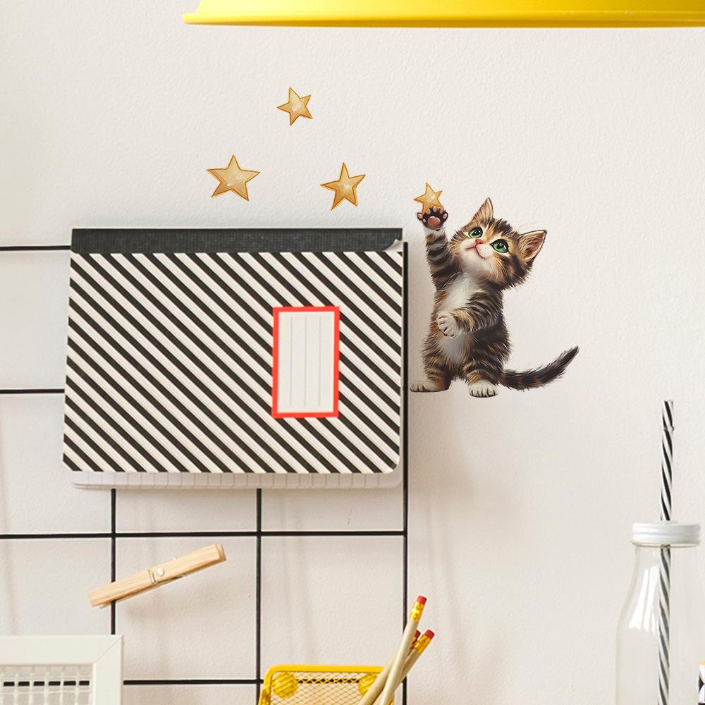 Cartoon Kitten Picking Stars Bedroom Living Room Switch Background Beautification Wall Stickers