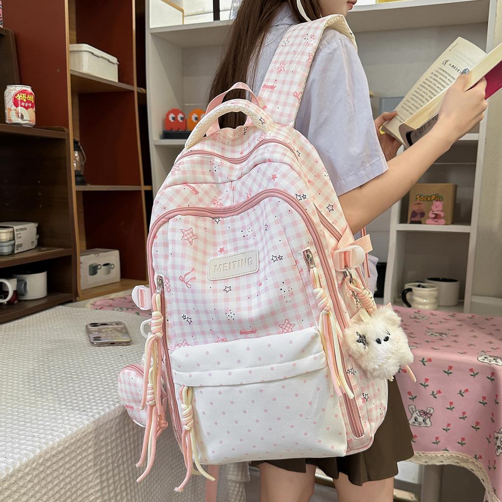 Schoolbag healing department blue and white plaid full of vitality schoolbag Korean ins college style junior high school girls sweet backpack