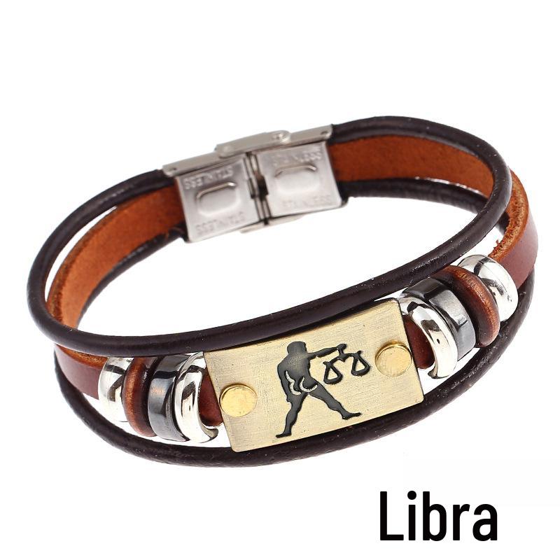 Twelve Constellations Cowhide Bracelet with Stainless Steel Buckle - Genuine Leather