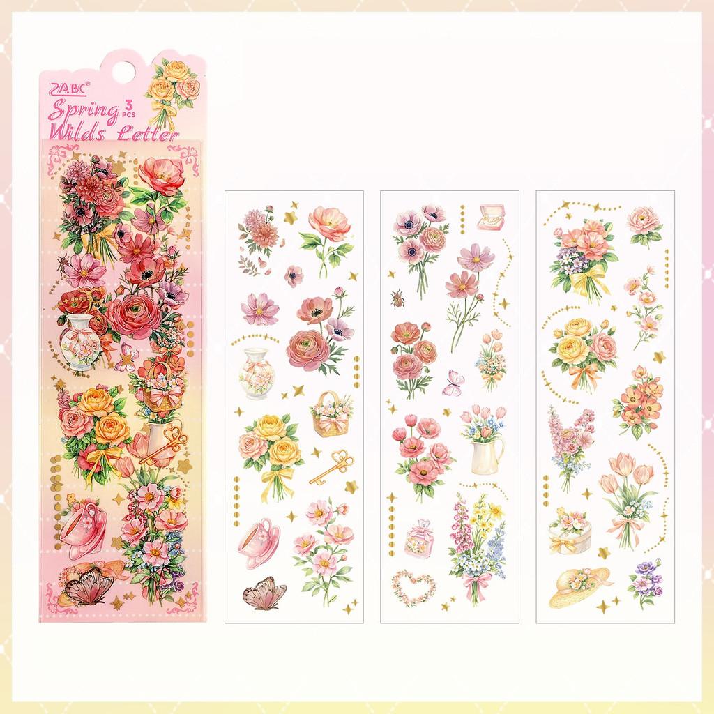 3sheets PET Flowers Stickers Decor Junk Journal DIY Scrapbooking Supplies Collage Decoration Stickers
