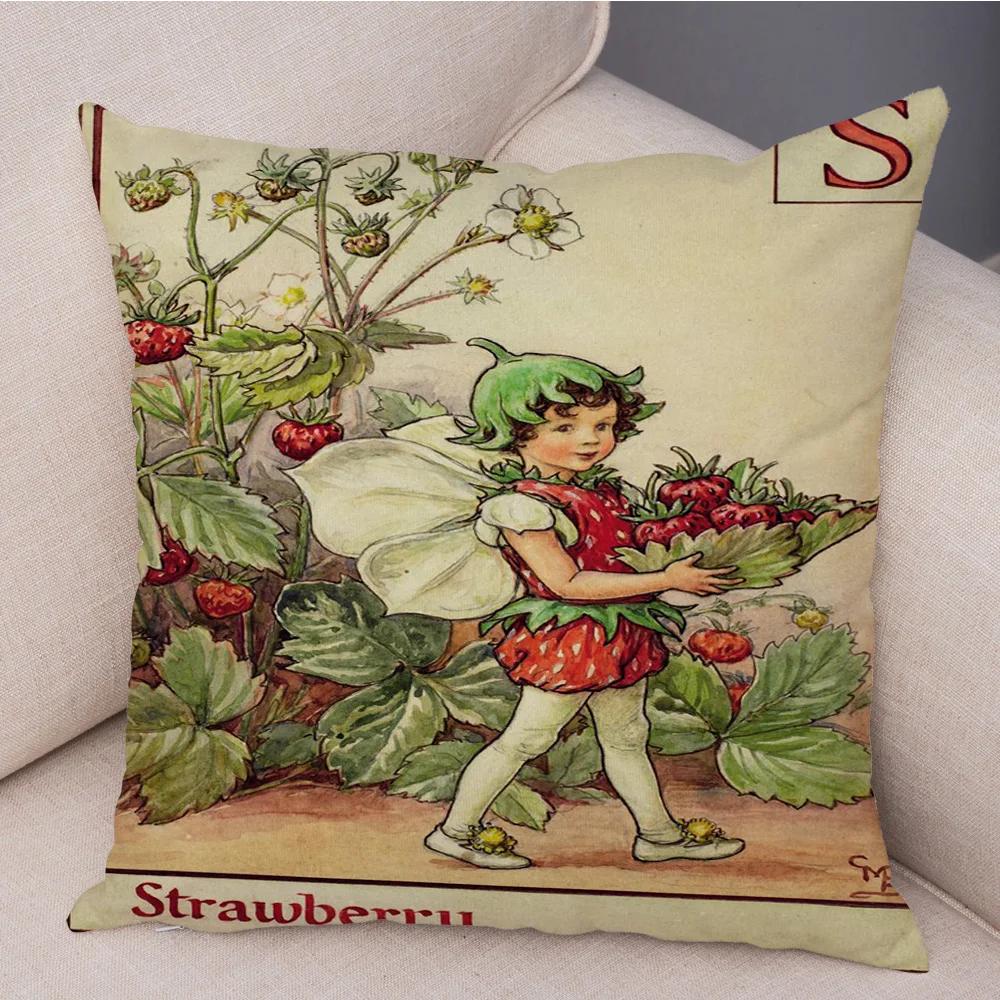 Vintage Floral Girl Pillowcase Decor Cute Cartoon Flower Elf Fairy Tale for Sofa Home Pillow Case Soft Plush Cushion Cover