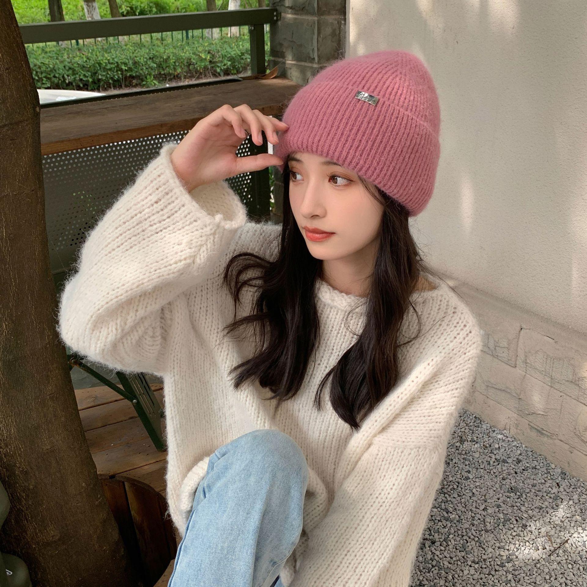 

Rabbit fur knitted hat Children s winter face small wool hat Fleece warm riding windproof pullover hat рожевий
