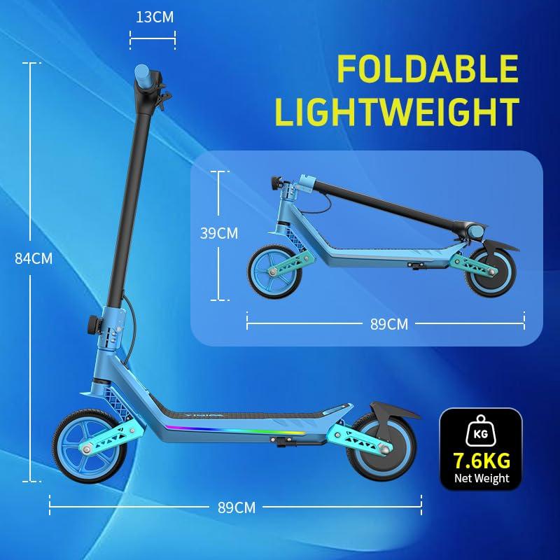 Electric Scooter (6-12Y) | 16km/h, 10km Range, Foldable | Dual Shock Absorbers & E-ABS | LED Display & Colorful Lights