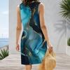 Women Plus Size Sleeveless V Neck Tank Dress Teal Blue Gold Marble Print