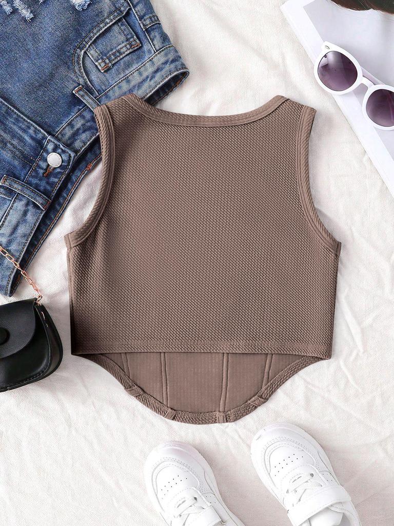 Girls' Summer Fishbone Waist-Cinched Cropped Top, Square Neck Slim Sleeveless Vest