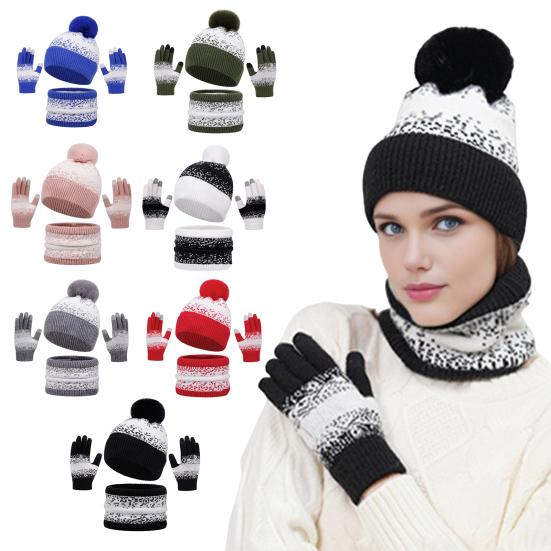 3ks/Sada Zimní Čepice Šála Rukavice Set Dekorace Plyšovou Bambulí Čepice Zesílená Plyšová Podšívka Nákrčník Rukavice Set s Dotykovou Obrazovkou