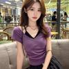Pure Desire Spice Girl Style Contrasting Colors Fake Two V-neck Short-sleeved T-shirt Summer New Slim and Thin Versatile Top Women