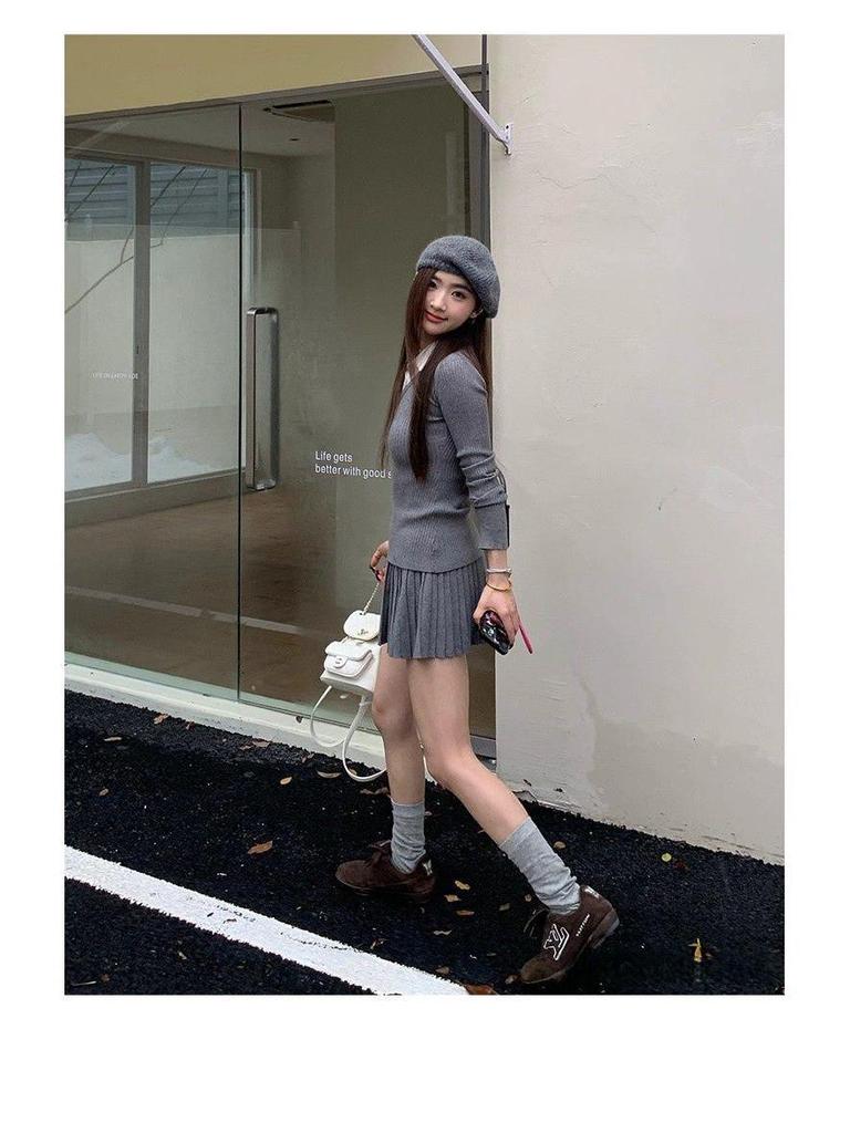 Korean-Style Faux Two-Piece Knit Sweater and Skirt Set for Women - 2026 Winter Collection
