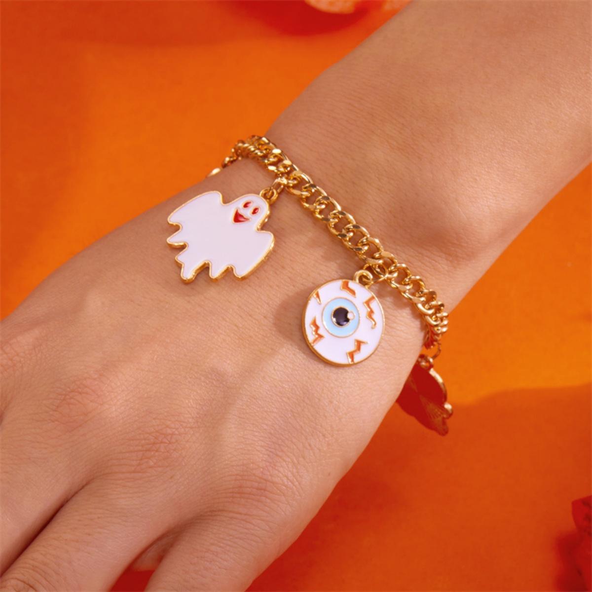 

Halloween Pumpkin Ghost Evil Eye Cobweb Skull Bat Spider Castle Black Cat Coffin Pendant Bracelet For Women Men Gothic Jewelry