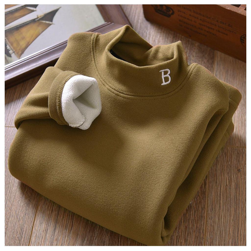 Boys' Half-Turtleneck Warm Autumn Winter Shirt with Velvet  Thickened Medium and Large Children's Clothing for Boys