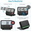 Small Digital Travel Alarm Clock, Black, Foldable Calendar Temperature Timer LCD Desk Clock, Snooze, 9 Alarm Sounds, Backlight, AAA Battery Operated
