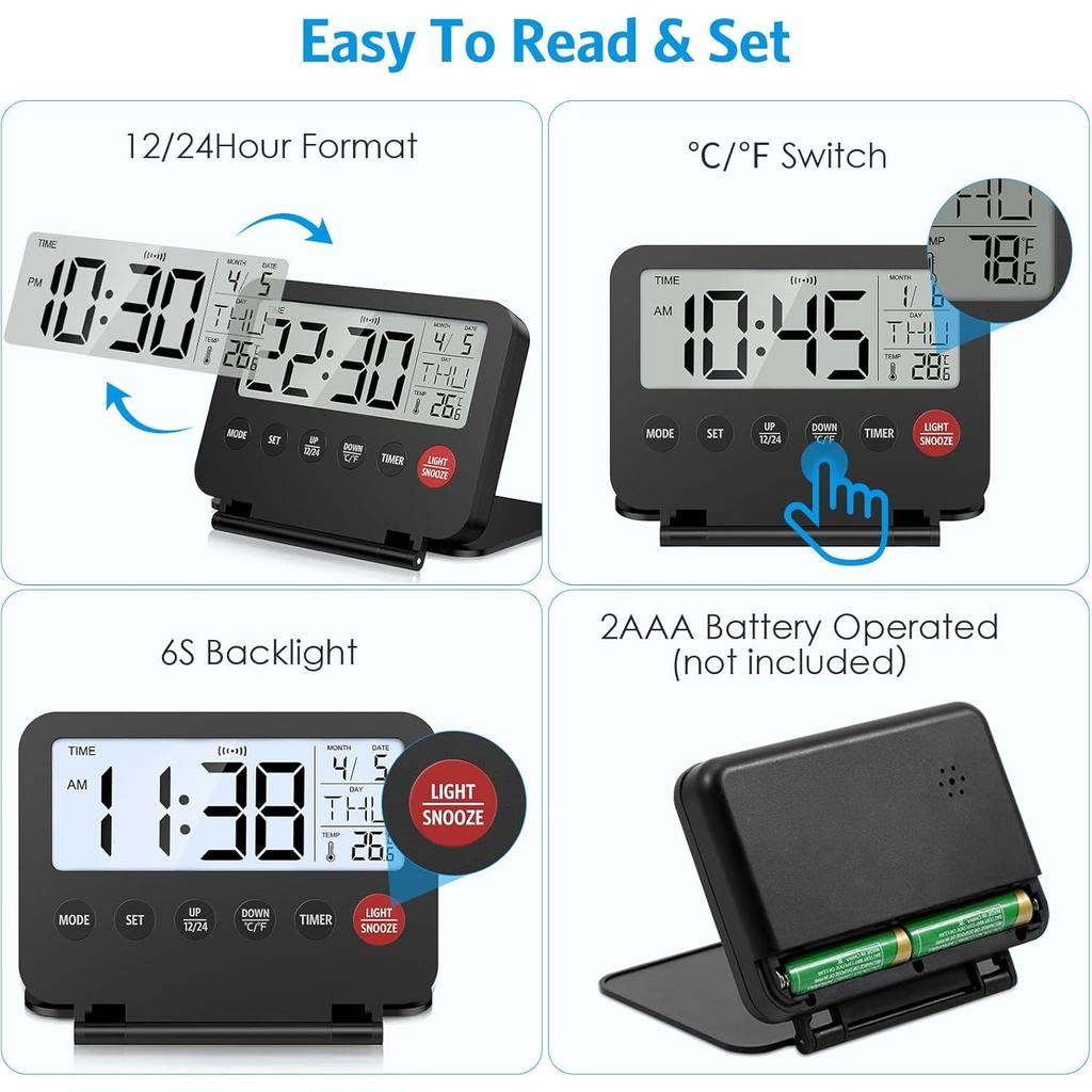 Small Digital Travel Alarm Clock, Black, Foldable Calendar Temperature Timer LCD Desk Clock, Snooze, 9 Alarm Sounds, Backlight, AAA Battery Operated