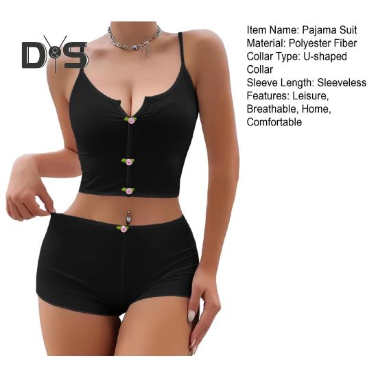 Dámský 2dílný pyžamový set Letní sexy Crop Cami Top a šortky Set ležérní žebrované spací prádlo s květinovou výzdobou