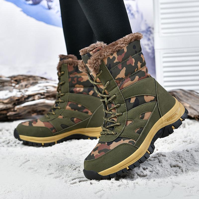 Men's High-Top Camouflage Fleece-Lined Snow Boots - Army Green, Plus Size, Thick-Soled, Winter Warm Outdoor Footwear