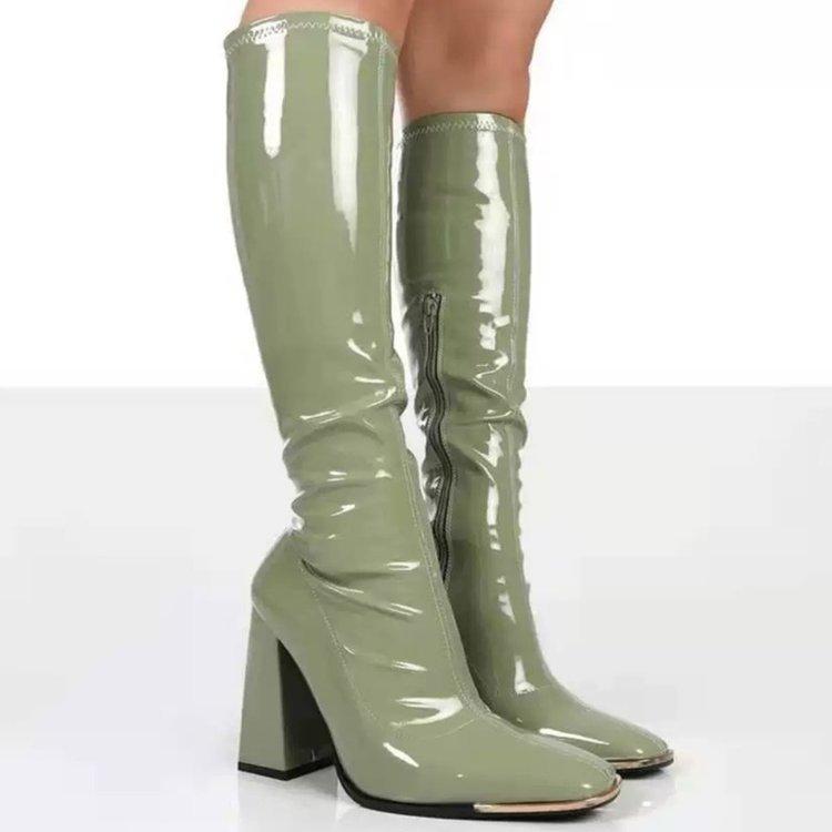 Nuove Stivali di Tendenza Femminili con Tacco Alto in Vernice Sopra il Ginocchio a Gamba Lunga Taglia Grande Stivali a Punta Quadrata Stivali da Donna con Zip Laterale Monocolore Stivali da Cavaliere