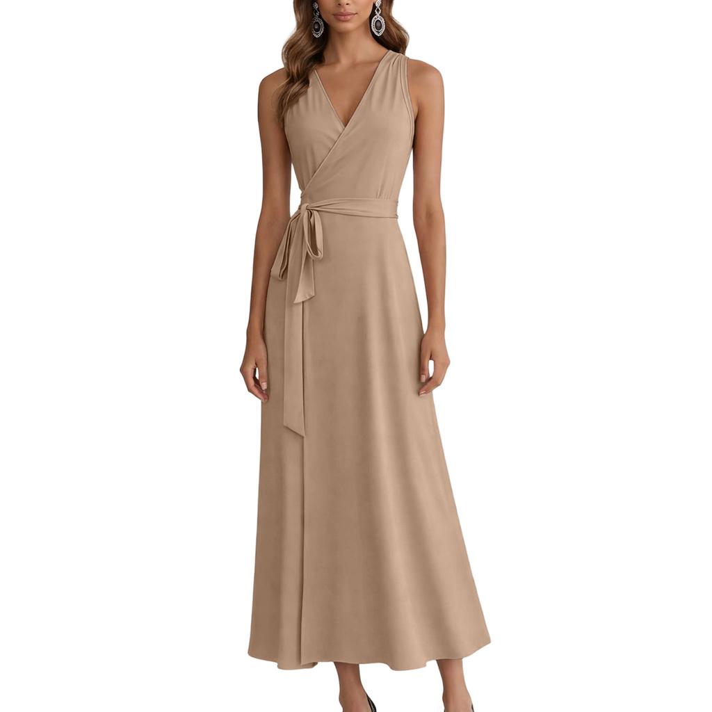 Sleeveless V Neck Wrap Dress for Women with Adjustable Waist Tie and Flared Hem Suitable for Daily Wear and Events