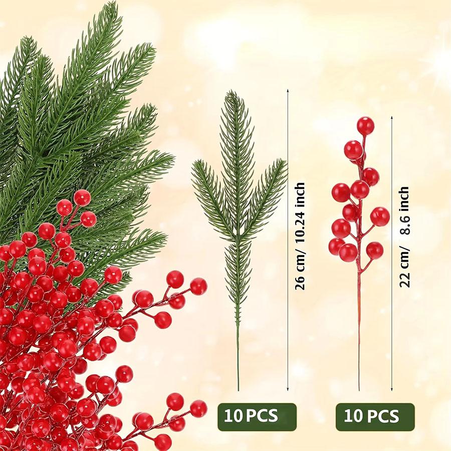 

20pcs durable artificial red pulp pine branches, suitable for flower garlands and Christmas tree decorations, winter holiday pla