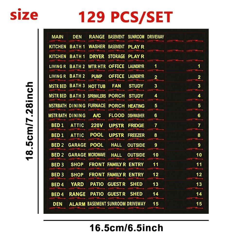 

129 шт. Етикетки на коробку автоматичного вимикача Помітна ідентифікація Наклейки на коробку запобіжників, стійку до атмосферних впливів, для електричних панелей домашнього офісу чорний