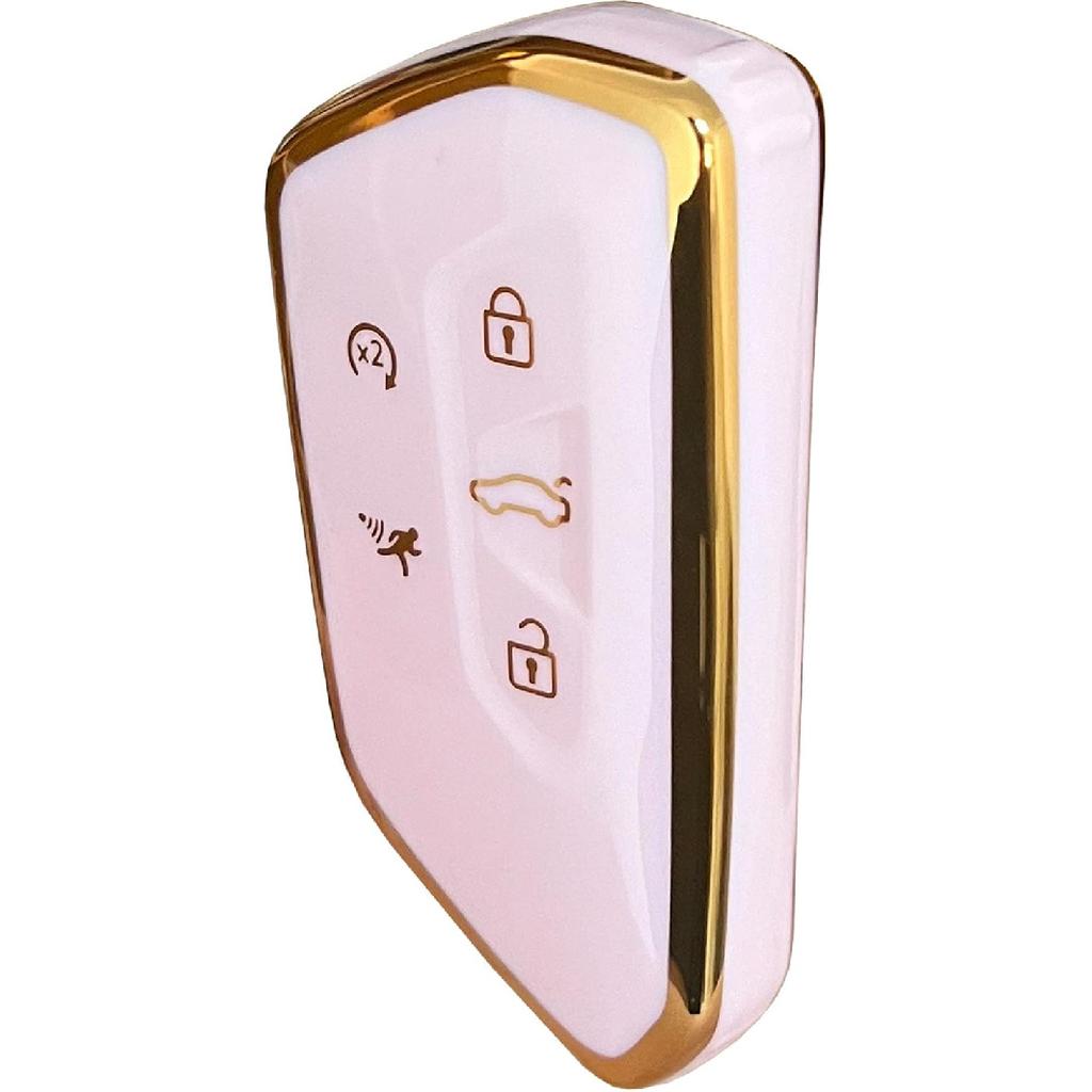 For VW Volkswagen Key Fob Cover Key Fob Shell With KeyChain Fit For VW ID4 ID3 MK8 Golf GTI Skoda Octavia Smart Key (Gold-White)