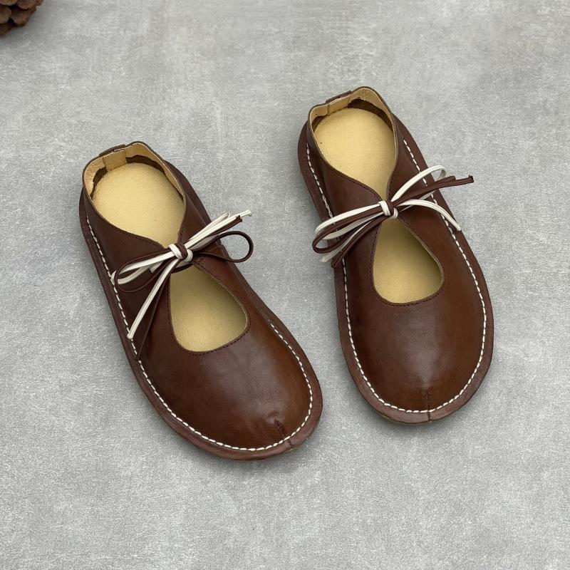 Johnature Handmade Genuine Leather Flat Slippers Round Toe Retro Soft Soled Women's Outdoor Slip-on Shoes