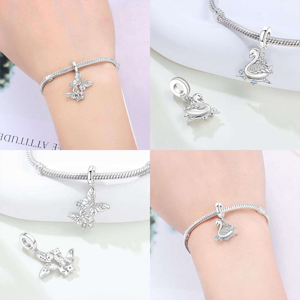 charms copper original Blue zirconia simple butterfly swan pendant beads fit bracelet women jewelry diy fine gift making