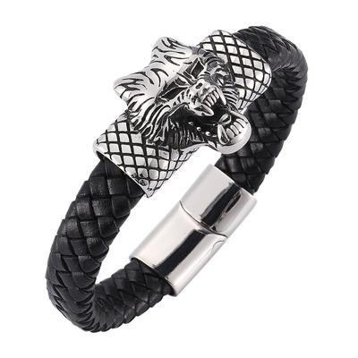 Punk Stainless Steel Wolf Animal Bracelet Men Woven Rope Leather Black Fashion Leather Bracelet Male Jewelry Gift
