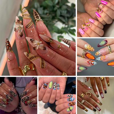1 Set Leopard Press-on Självhäftande Långa Mandelformade Franska Spetsar Avtagbara Falska Naglar DIY