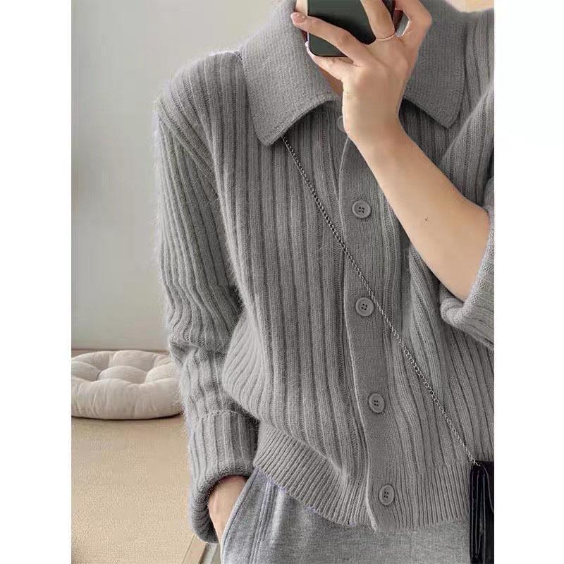 Temperament Pink Lapel Sweater Cardigan Women's Autumn Design Sense Niche Gentle Lazy Knitted Jacket Polo Top