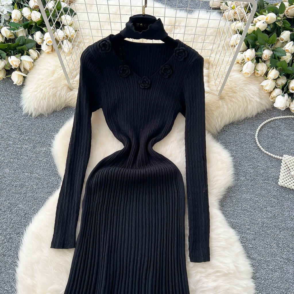 Podzim Zima Dámský Elegantní Svetr s V-výstřihem a Dlouhým Rukávem s 3D Květinami Pletený Pulovr Dlouhé Midi Společenské Šaty