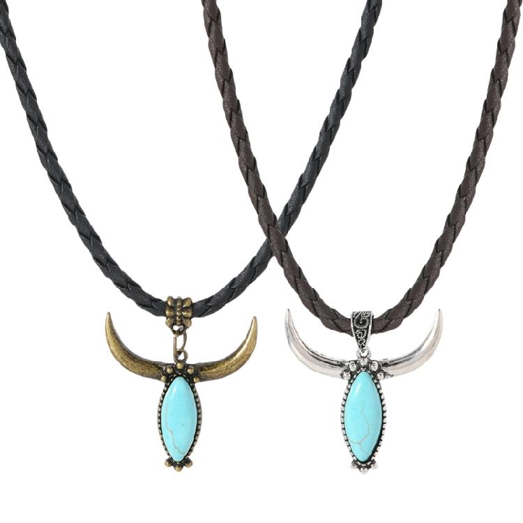 Unique Turquoise Bull Head Pendant Necklace Soft Leather Ethnic Jewelry For Festival Outfits