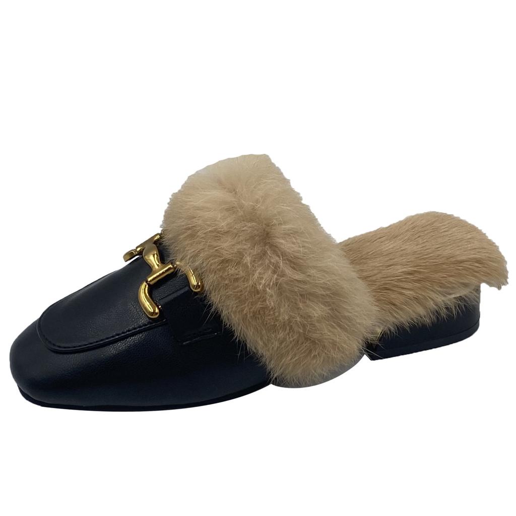 Mao Mao Hausschuhe Damen tragen Muller Faulschuhe im Herbst und Winter dicke Absätze Ankleidezimmer Tasche Kopf und Fleece Halbschuhe