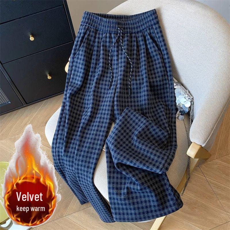 Two-Color Retro Plaid Velvet Fleece-Lined Wide-Leg Casual Pants