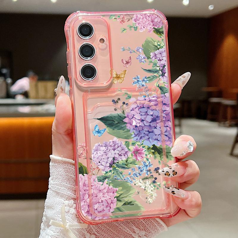 

Фиолетовый цветочный принт прозрачный ударопрочный чехол для Samsung S24 FE S23 Ultra S22 A16 A15 A55 A54 A35 A34 A14 слот для карт мягкий силиконовый прозрачный чехол для телефона Samsung A16 5G розовый