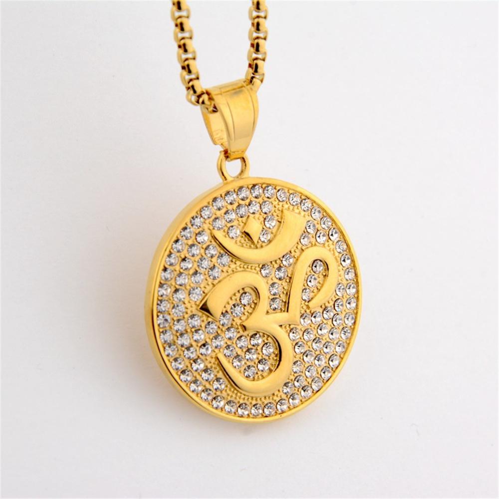 Hip Hop Iced Out Bling Buddhist Yoga Pendant Gold Color Stainless Steel OHM Hindu AUM OM Round Necklaces for Men Jewelry Gift