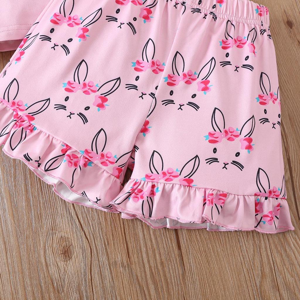 Girls' Easter Rabbit Puff Sleeve Summer Set with Cartoon Flowers